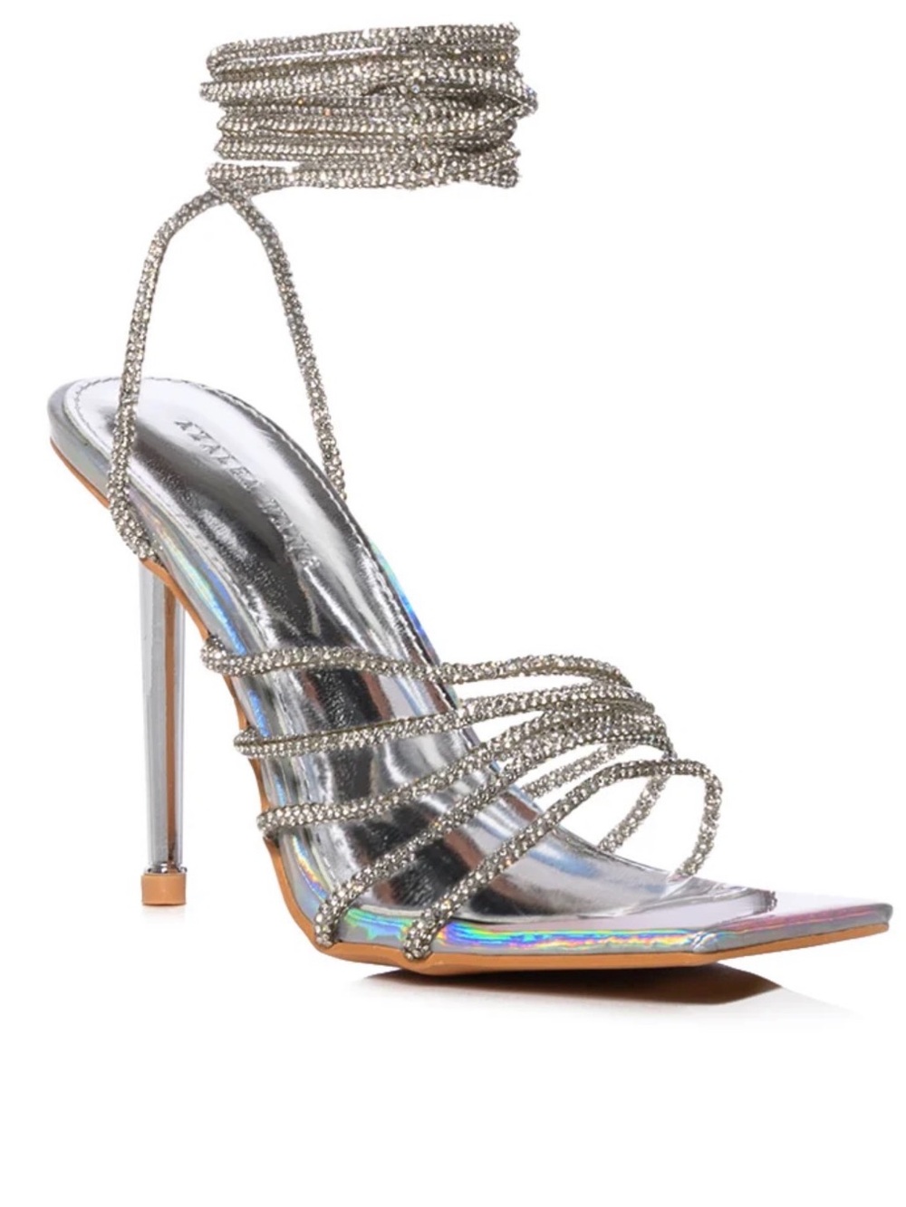 Rhinestone Wrap-Ankle Stiletto Sandal in Silver